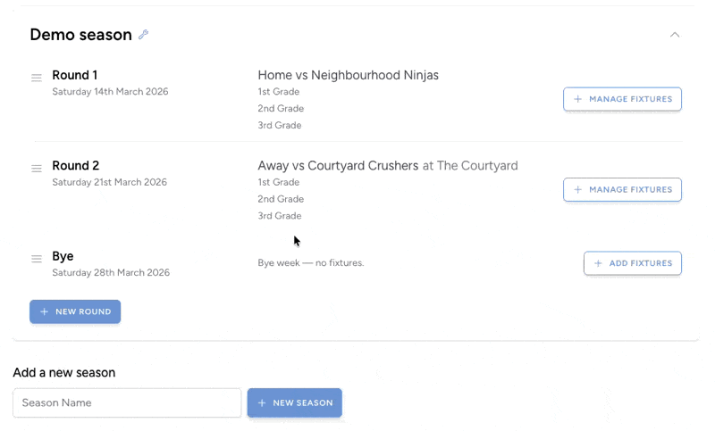 Teamlists round and fixtures