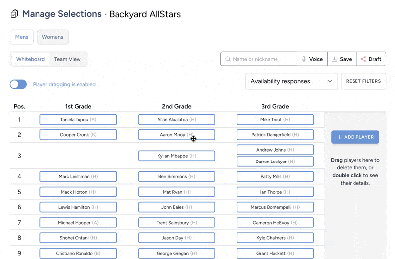 Teamlists team selections screenshot